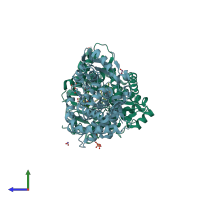 PDB entry 3zpi coloured by chain, side view.