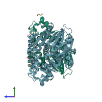 PDB entry 3zpx coloured by chain, side view.