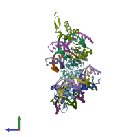 PDB entry 3zqc coloured by chain, side view.