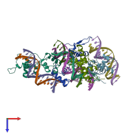 PDB entry 3zqc coloured by chain, top view.