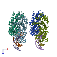 PDB entry 3zql coloured by chain, top view.