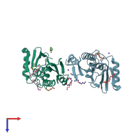 PDB entry 3zqs coloured by chain, top view.
