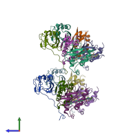 PDB entry 3zrc coloured by chain, side view.