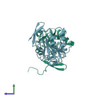 PDB entry 3zrd coloured by chain, side view.