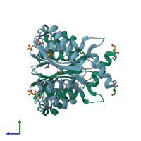 PDB entry 3zsw coloured by chain, side view.