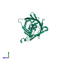 Monomeric assembly 1 of PDB entry 3ztf coloured by chemically distinct molecules, side view.