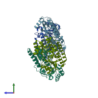 PDB entry 3ztt coloured by chain, side view.