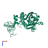 PDB entry 3zua coloured by chain, ensemble of 10 models, top view.