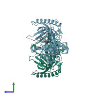 PDB entry 3zug coloured by chain, side view.