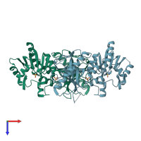 PDB entry 3zug coloured by chain, top view.