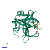 PDB entry 3zvf coloured by chain, side view.