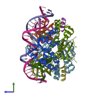 PDB entry 3zvk coloured by chain, side view.