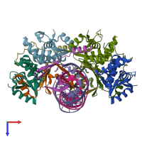 PDB entry 3zvk coloured by chain, top view.