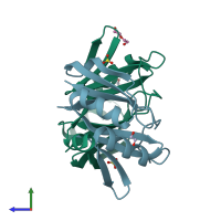 PDB entry 3zw5 coloured by chain, side view.