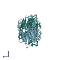PDB entry 3zwf coloured by chain, side view.
