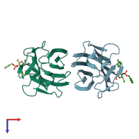 PDB entry 3zxe coloured by chain, top view.