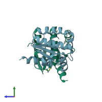 PDB entry 3zxn coloured by chain, side view.