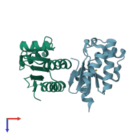 PDB entry 3zxn coloured by chain, top view.