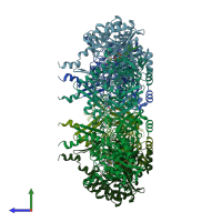 PDB entry 3zxr coloured by chain, side view.