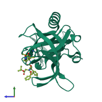 PDB entry 3zz9 coloured by chain, side view.