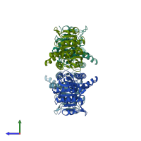 PDB entry 3zzg coloured by chain, side view.