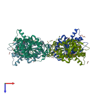 PDB entry 3zzh coloured by chain, top view.