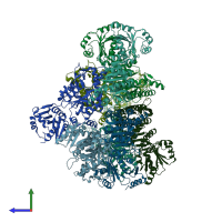PDB entry 3zzi coloured by chain, side view.