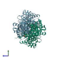 PDB entry 3zzm coloured by chain, side view.