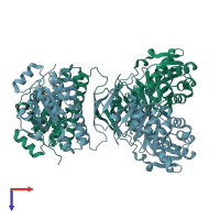 PDB entry 3zzm coloured by chain, top view.