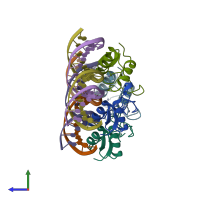 PDB entry 4aa6 coloured by chain, side view.