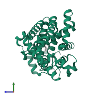 cAMP and cAMP-inhibited cGMP 3',5'-cyclic phosphodiesterase 10A in PDB entry 4ael, assembly 1, side view.