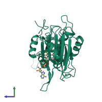 Monomeric assembly 1 of PDB entry 4af6 coloured by chemically distinct molecules, side view.