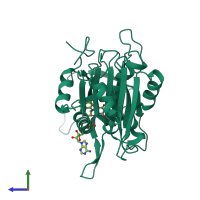 Monomeric assembly 2 of PDB entry 4af6 coloured by chemically distinct molecules, side view.