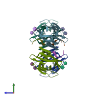PDB entry 4akc coloured by chain, side view.
