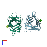 PDB entry 4akm coloured by chain, top view.