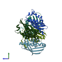 PDB entry 4akz coloured by chain, side view.