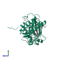 PDB entry 4aw1 coloured by chain, side view.