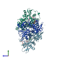 PDB entry 4b11 coloured by chain, side view.