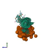 PDB entry 4b1q coloured by chain, ensemble of 20 models, side view.