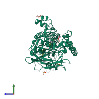 PDB entry 4b69 coloured by chain, side view.