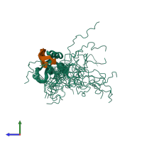 PDB entry 4b8t coloured by chain, ensemble of 20 models, side view.