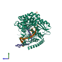 PDB entry 4b9t coloured by chain, side view.