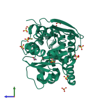 PDB entry 4bau coloured by chain, side view.