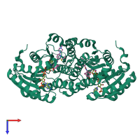 Homo dimeric assembly 1 of PDB entry 4bb6 coloured by chemically distinct molecules, top view.