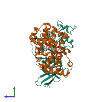 Hetero dimeric assembly 1 of PDB entry 4bck coloured by chemically distinct molecules, side view.