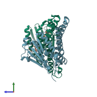PDB entry 4biw coloured by chain, side view.