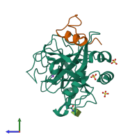 Hetero dimeric assembly 2 of PDB entry 4boh coloured by chemically distinct molecules, side view.