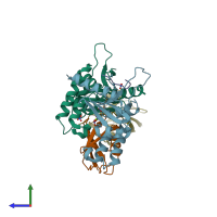 PDB entry 4bos coloured by chain, side view.