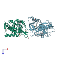 PDB entry 4but coloured by chain, top view.