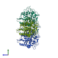 PDB entry 4bvl coloured by chain, side view.